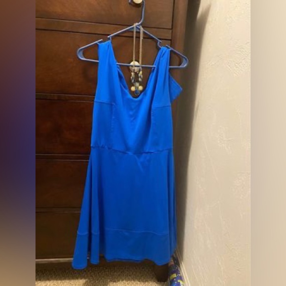 Blue, stretchy, extremely comfortable v-neck dress. Super comfortable!